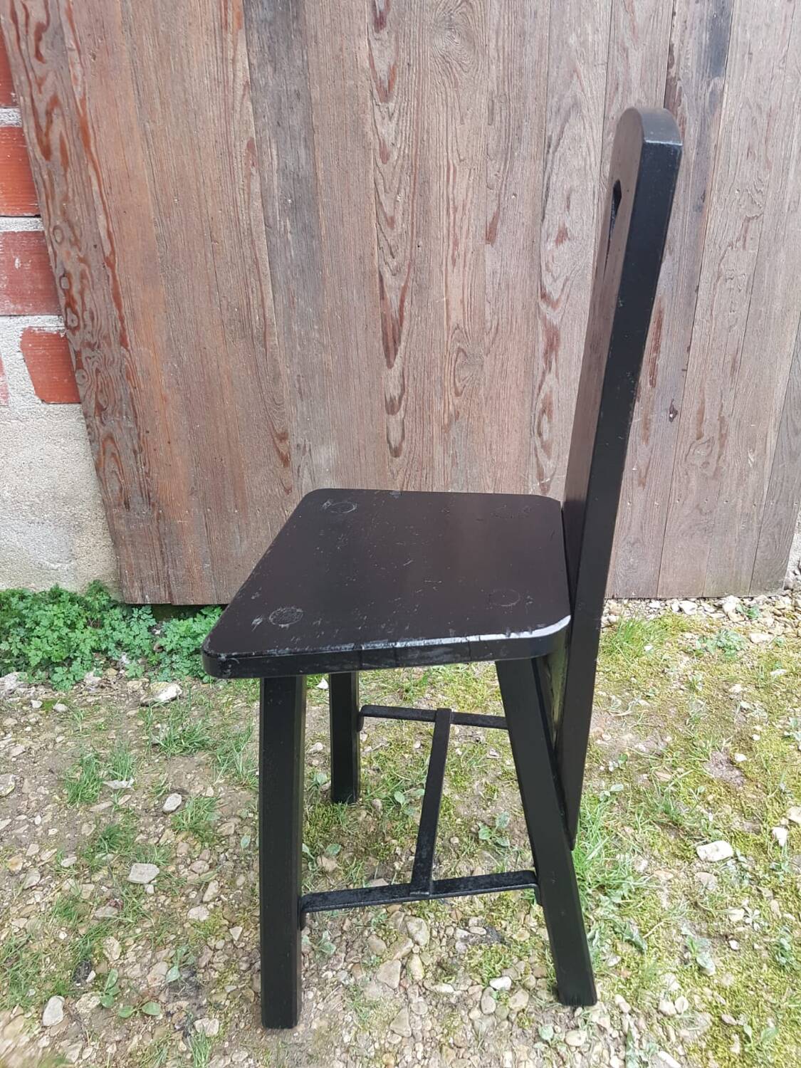 Old Alsatian mountain chair black wood back openwork shape vintage #a662