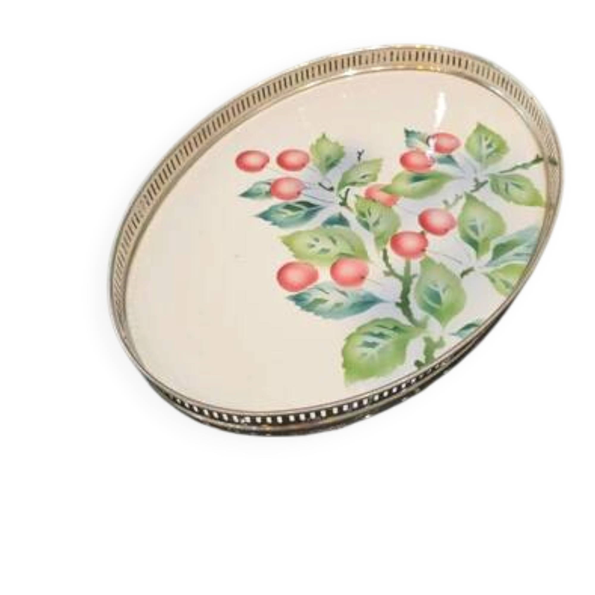 Oval Art Deco plate in earthenware and pierced metal with cherries