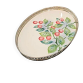 Oval Art Deco plate in earthenware and pierced metal with cherries