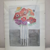 Ancienne aquarelle sous verre, bouquet de fleurs