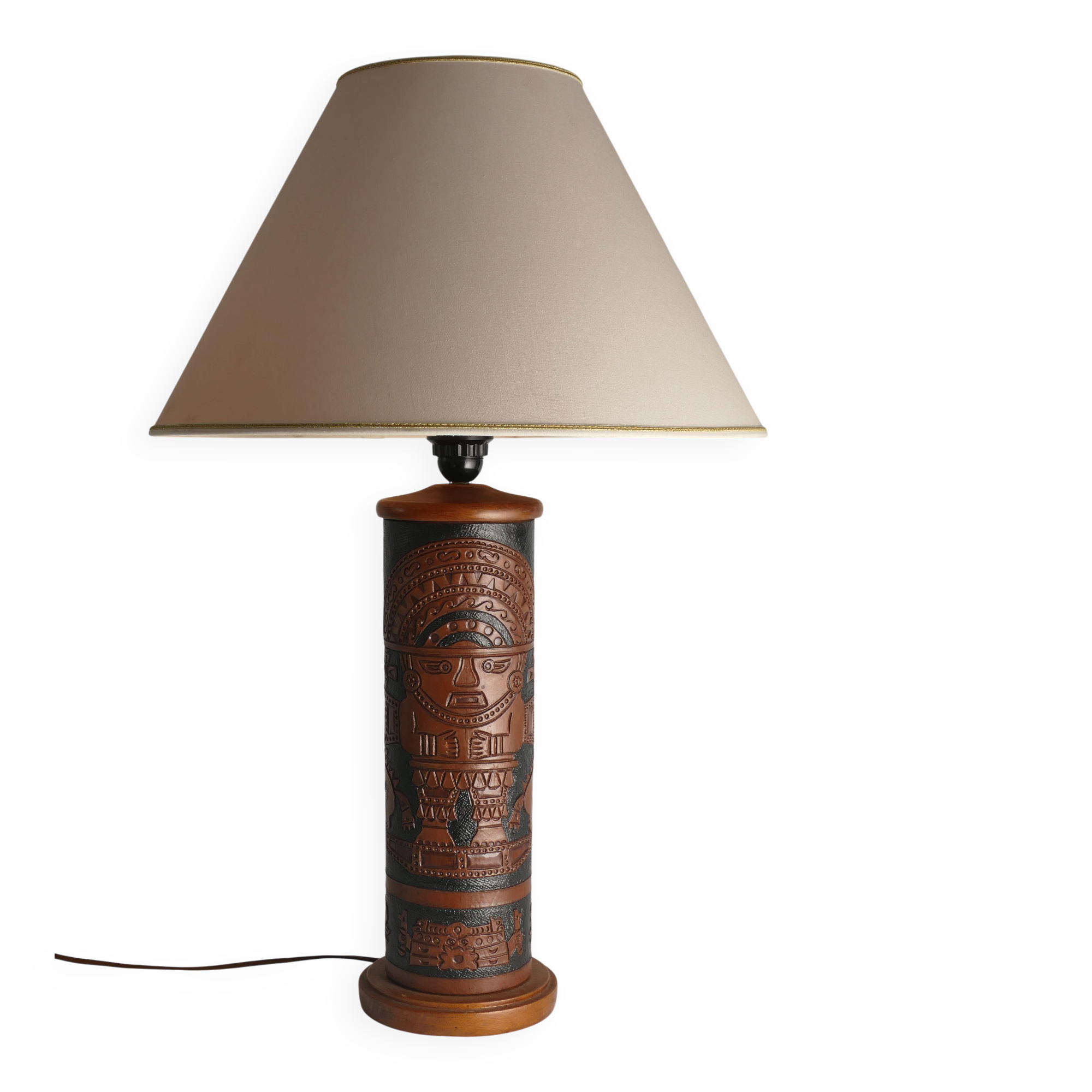 Mid-Century Modern Aztec Motif Hand Tooled Leather Table Lamp