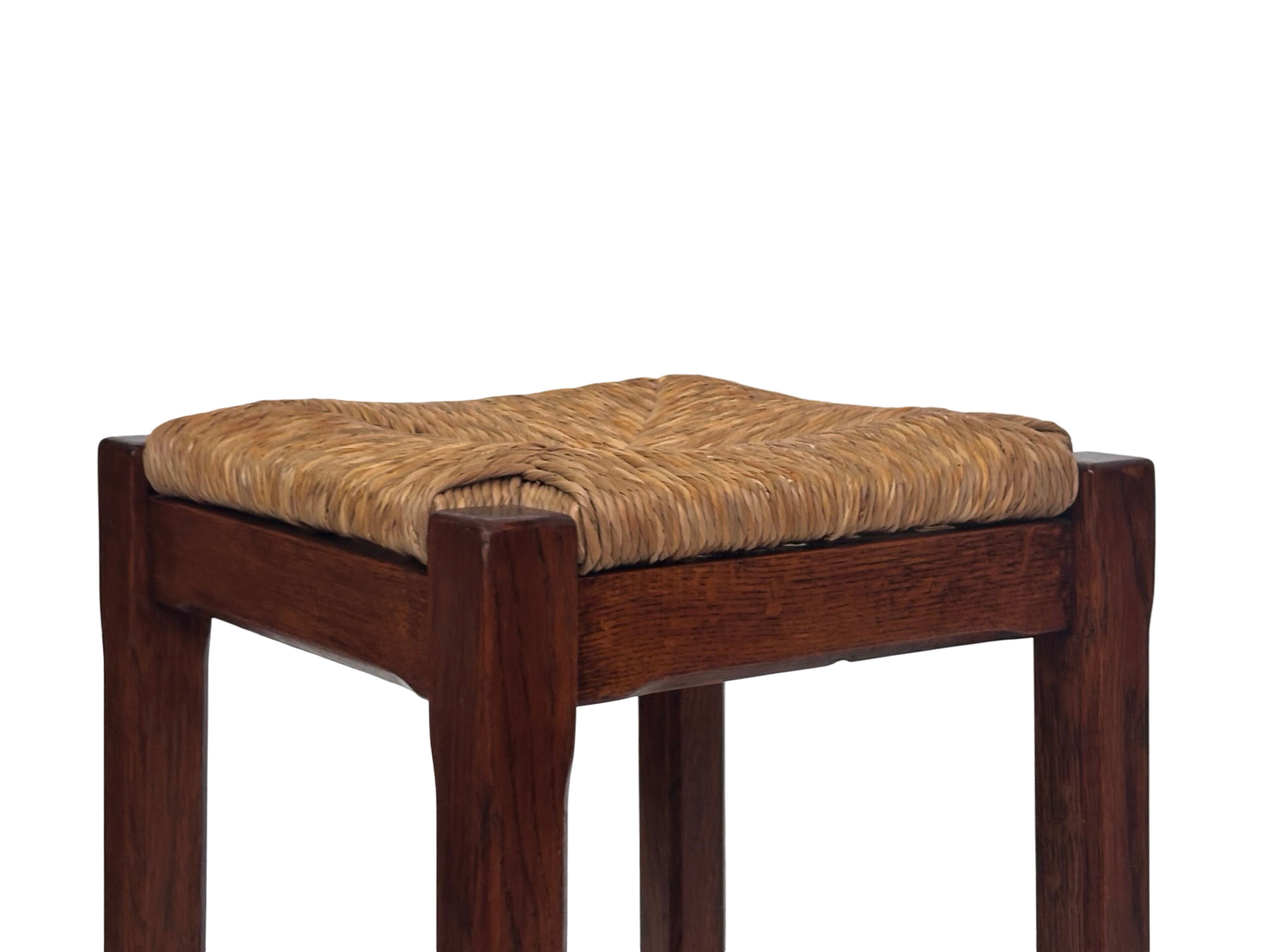 Vintage rattan stool with oak, 60s wabi sabi design, minimalist