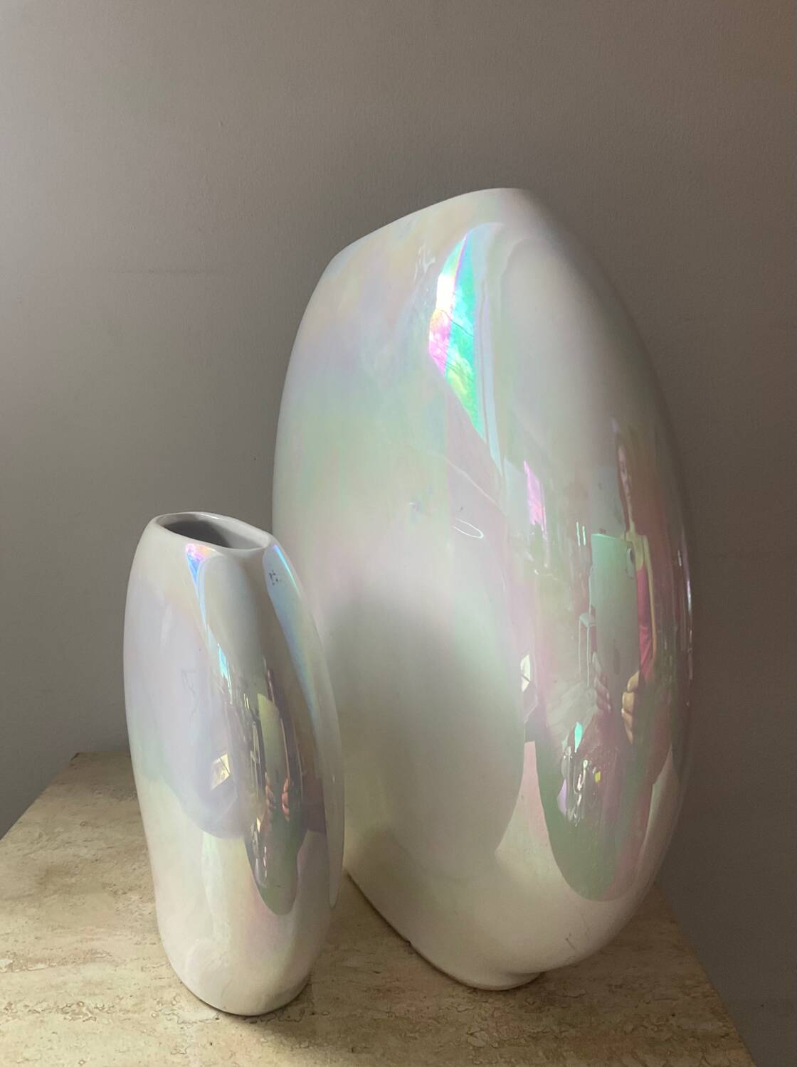 Duo of vintage round vases in iridescent ceramic