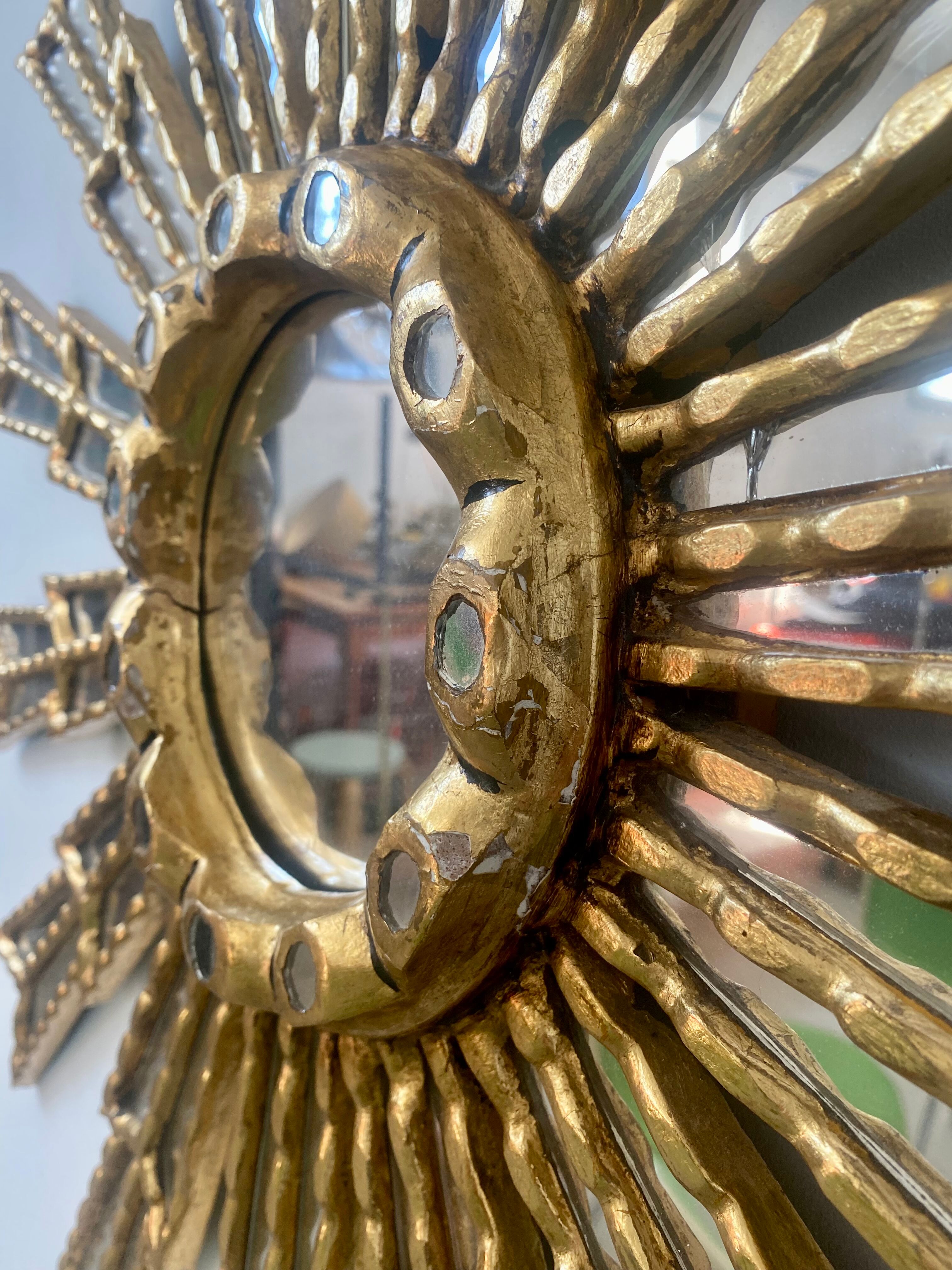Mirror sun in gilded wood XXL facet mirror design year 60