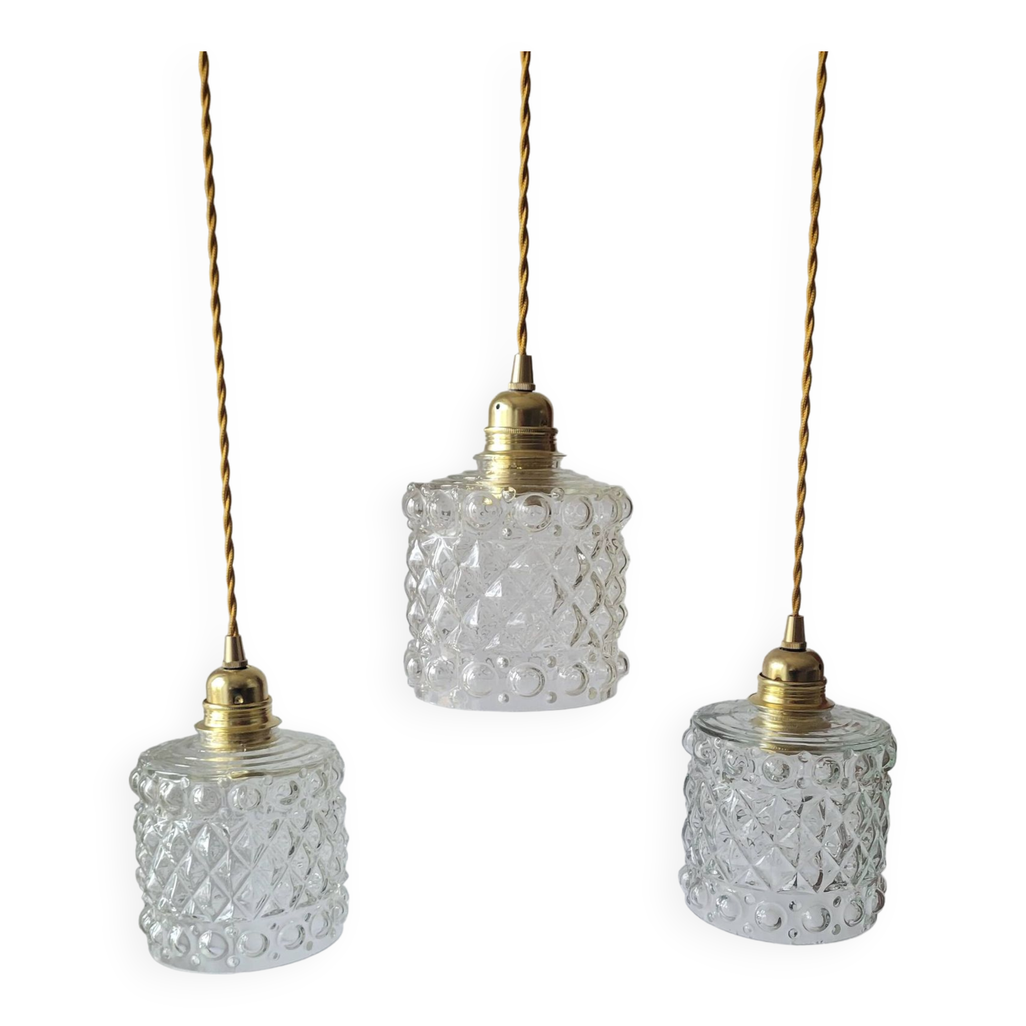 Trio of molded glass pendant lights