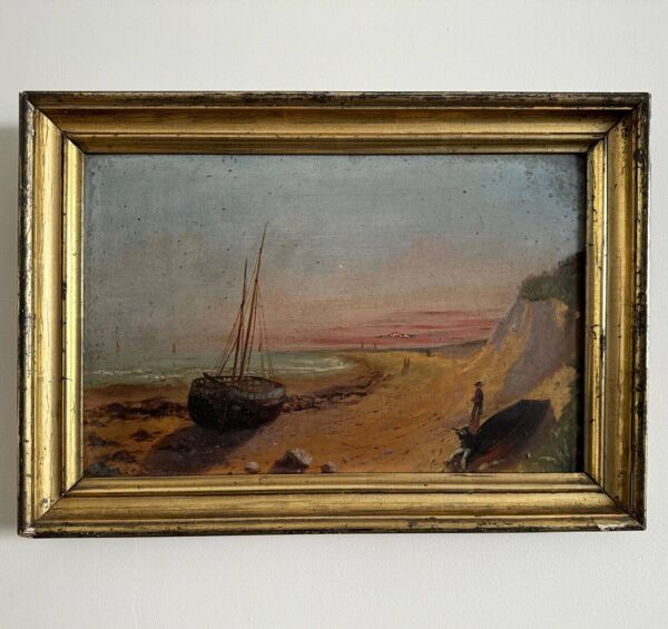 Huile sur carton représentant un bateau sur une côte rocheuse