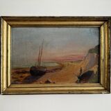 Oil on cardboard depicting a boat on a rocky coast