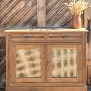 Old buffet in raw solid oak and cane.