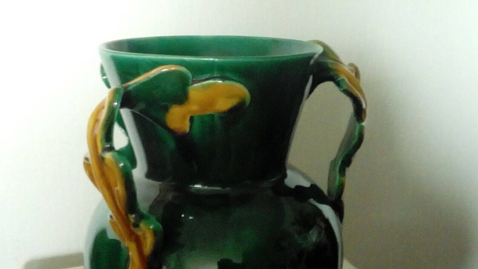 Earthenware vase with 3 handles of Vallauris oak leaves, 1950s vintage