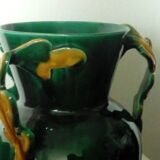 Earthenware vase with 3 handles of Vallauris oak leaves, 1950s vintage