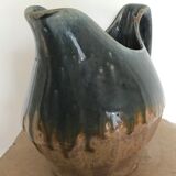 Vintage pitcher in glazed stoneware with bluish drip effect signed and numbered