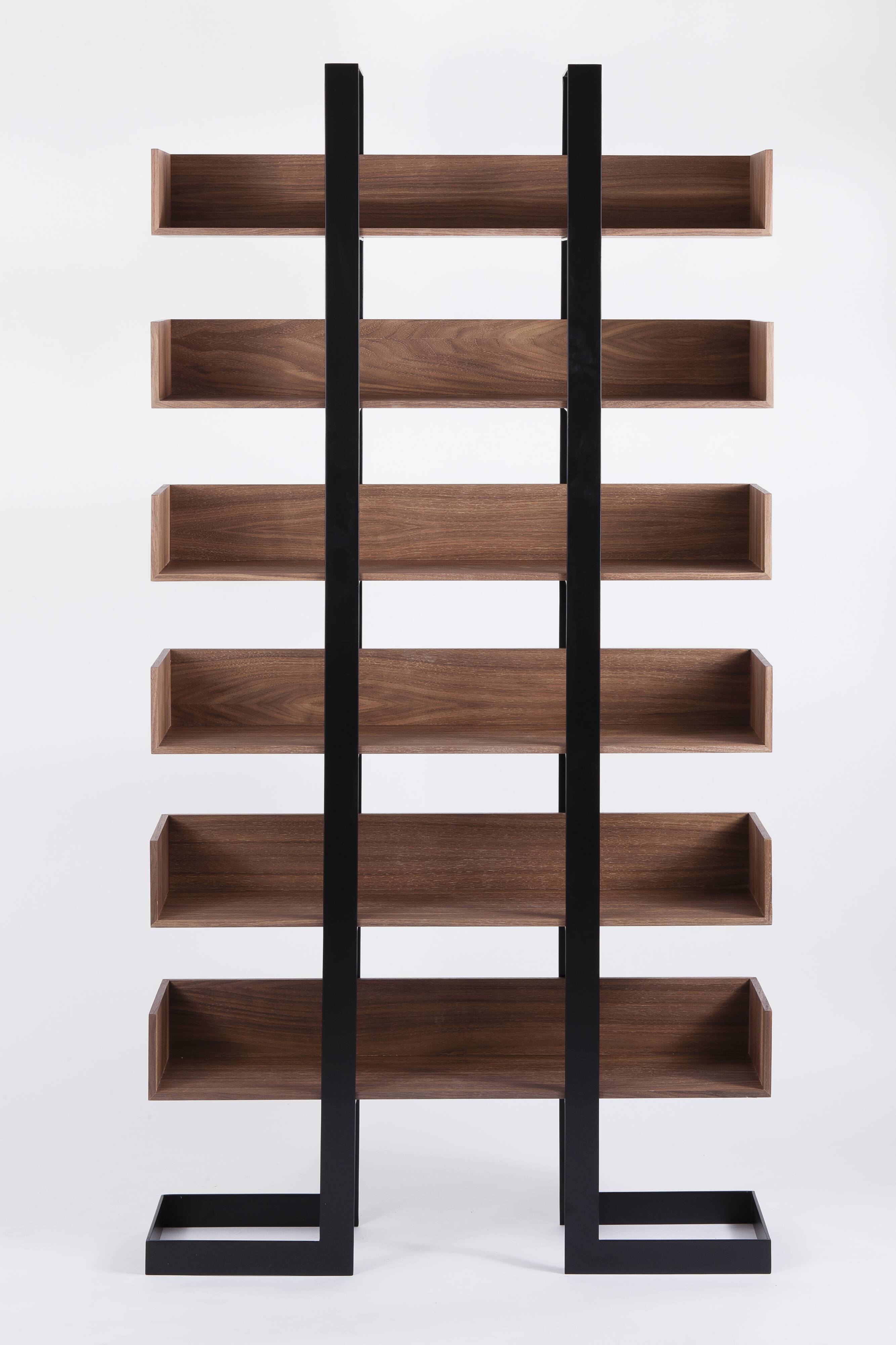 Severin 3 library in American walnut and matte black steel.