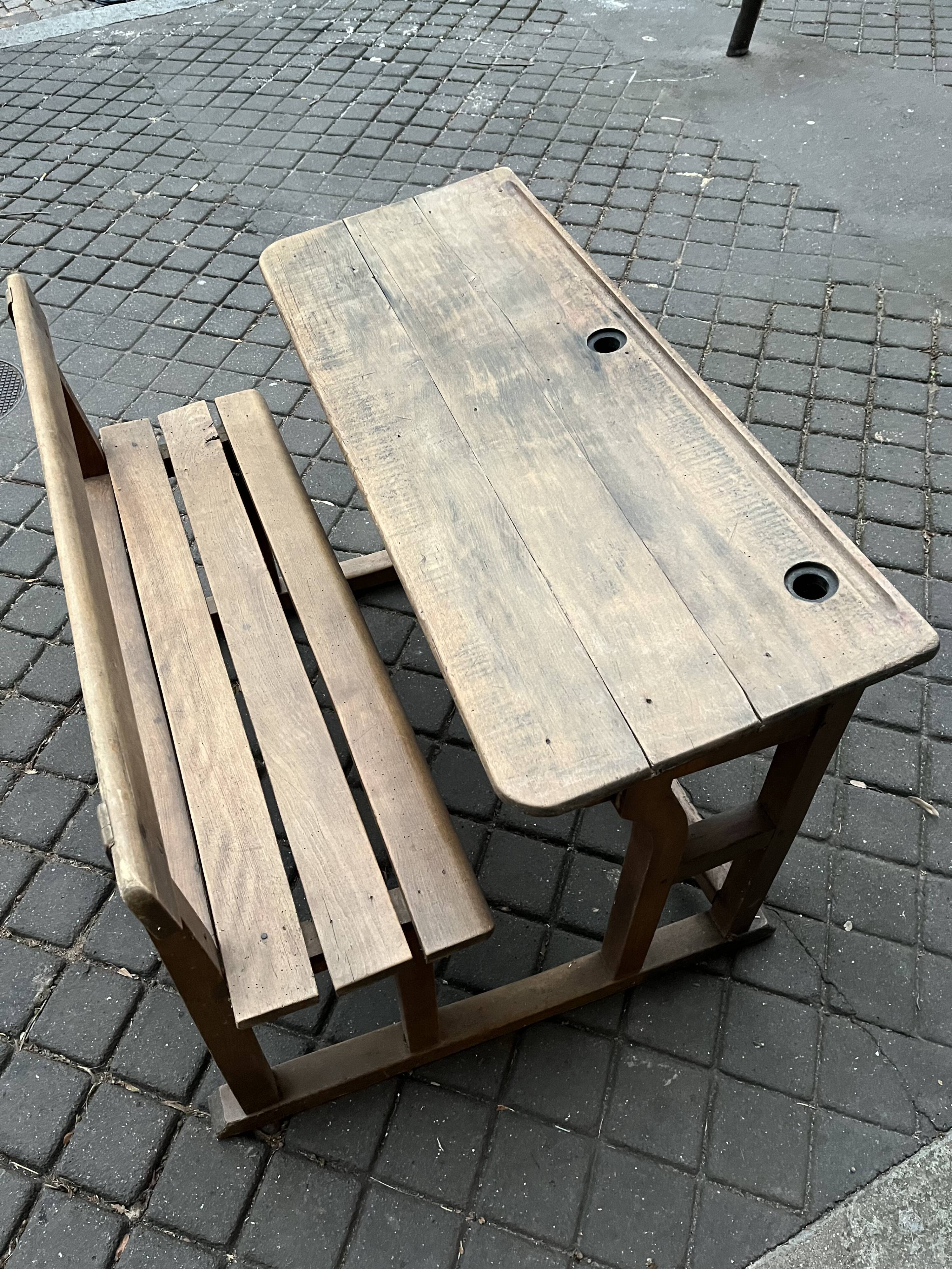 Old double school desk with built-in bench