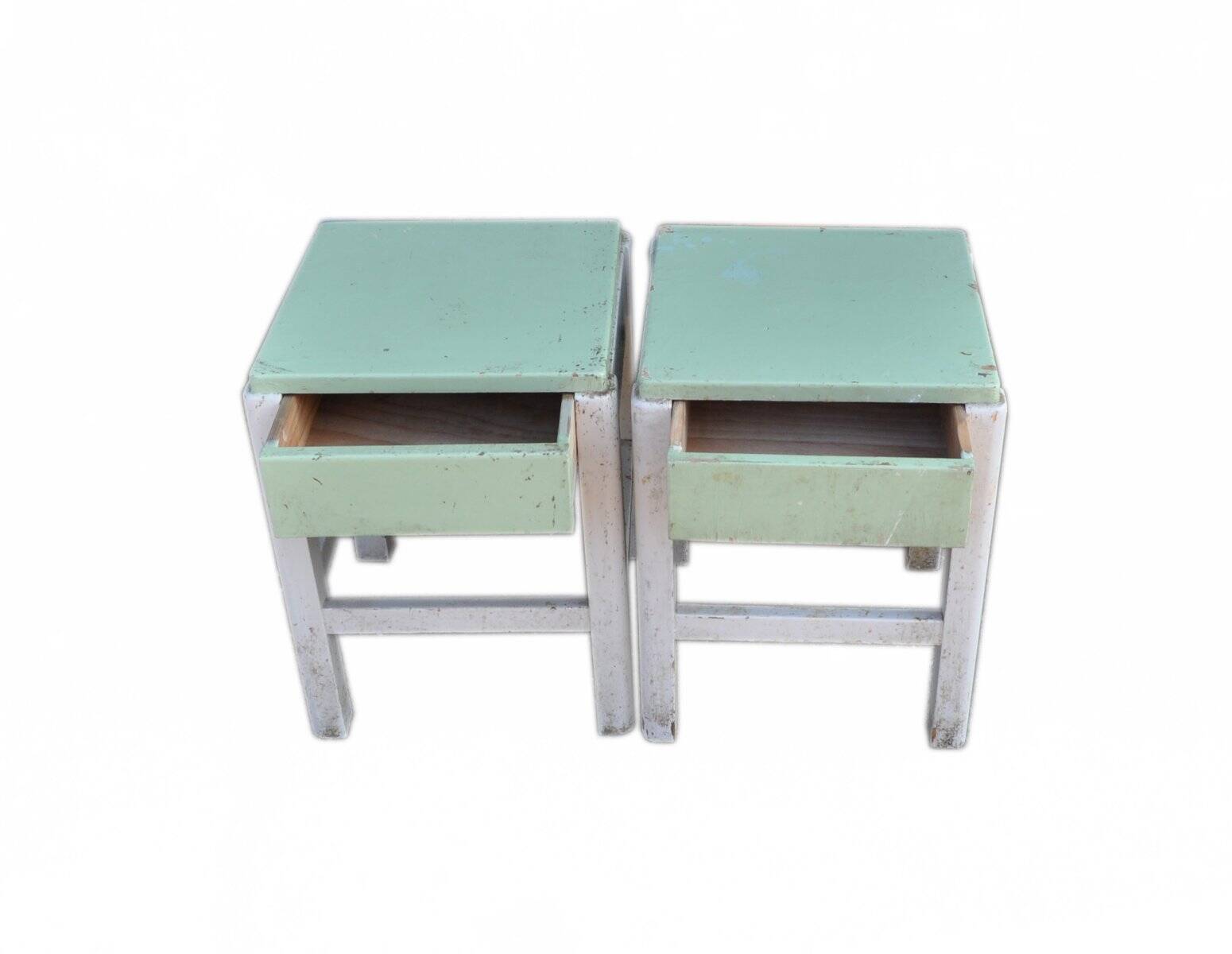 Pair of green and white painted pine stools with drawer, 1940s industrial vintage.