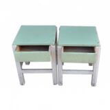 Pair of green and white painted pine stools with drawer, 1940s industrial vintage.