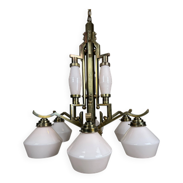 Art deco chandelier – opaline and brass