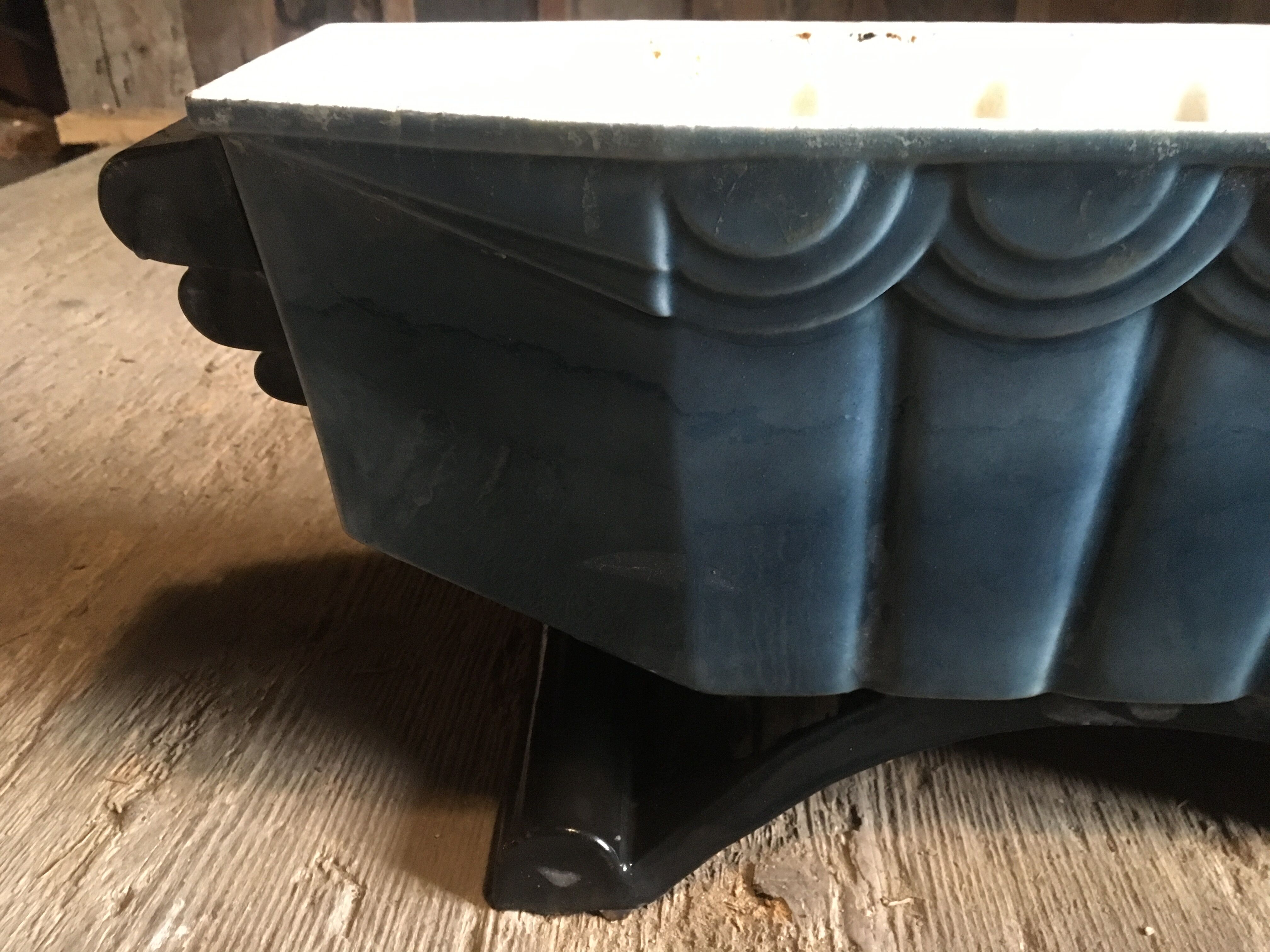 blue enamelled cast iron flower tray