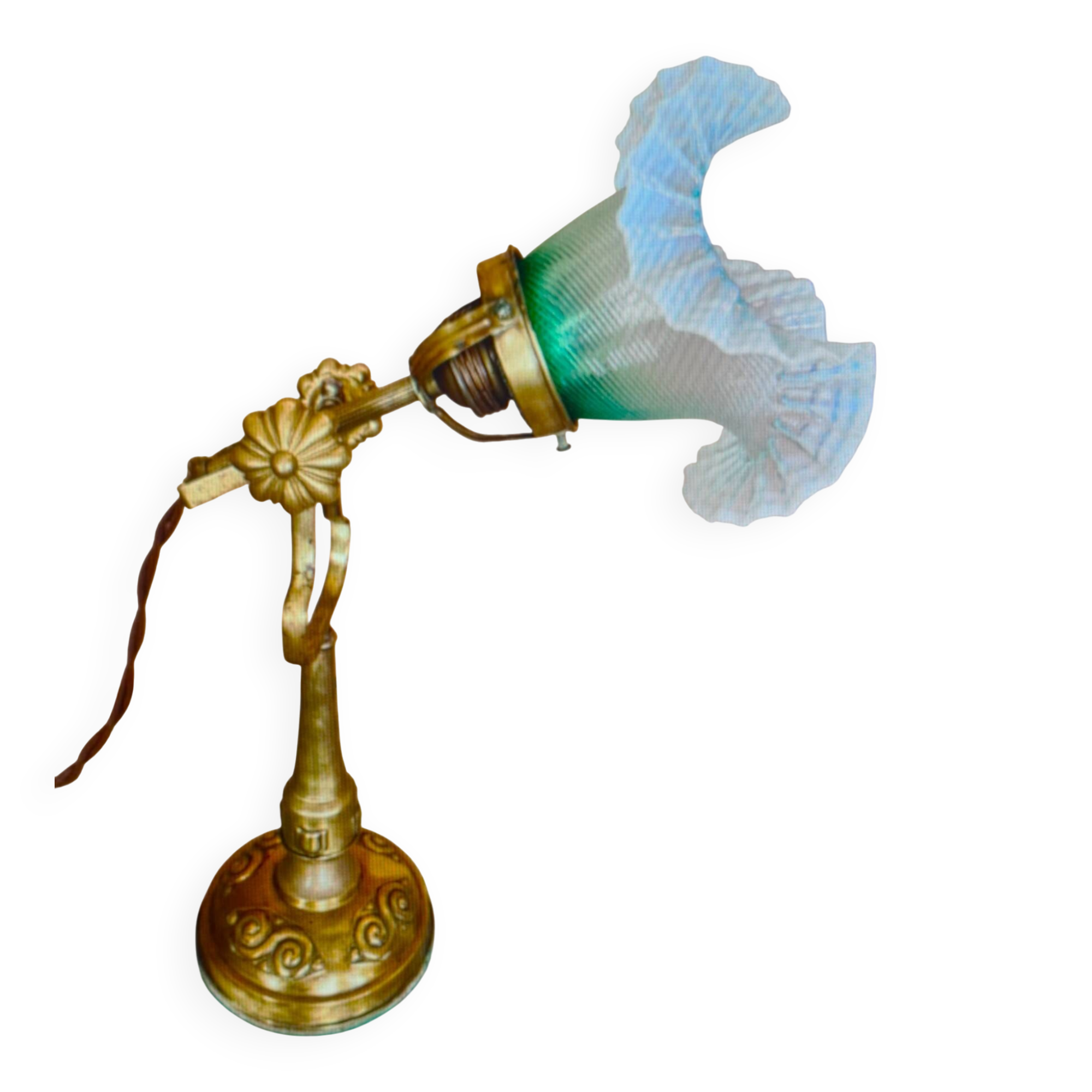 Refined 1930s-40s table lamp in brass and worked glass