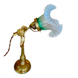 Refined 1930s-40s table lamp in brass and worked glass