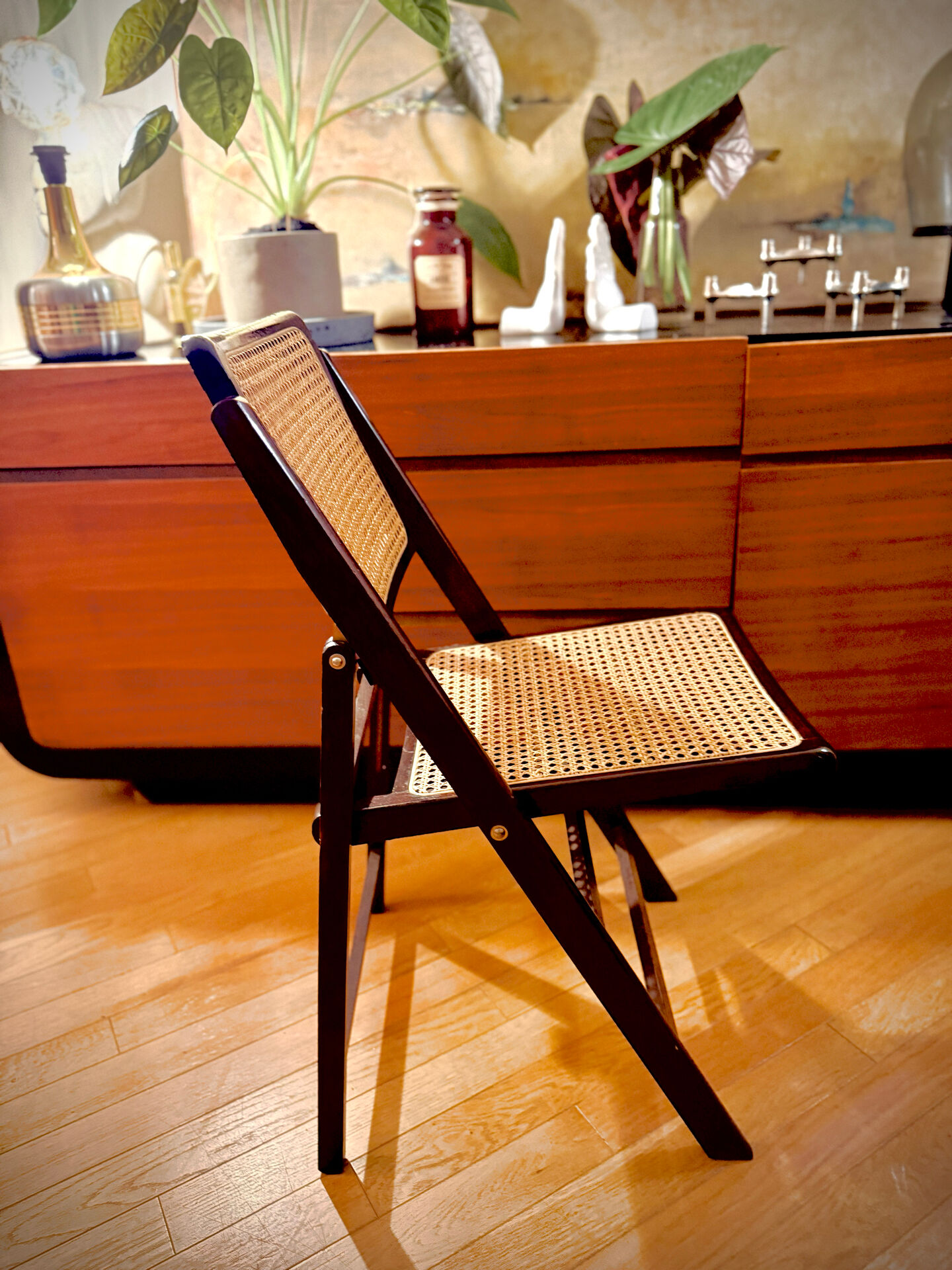 vintage wooden folding chairs with caning