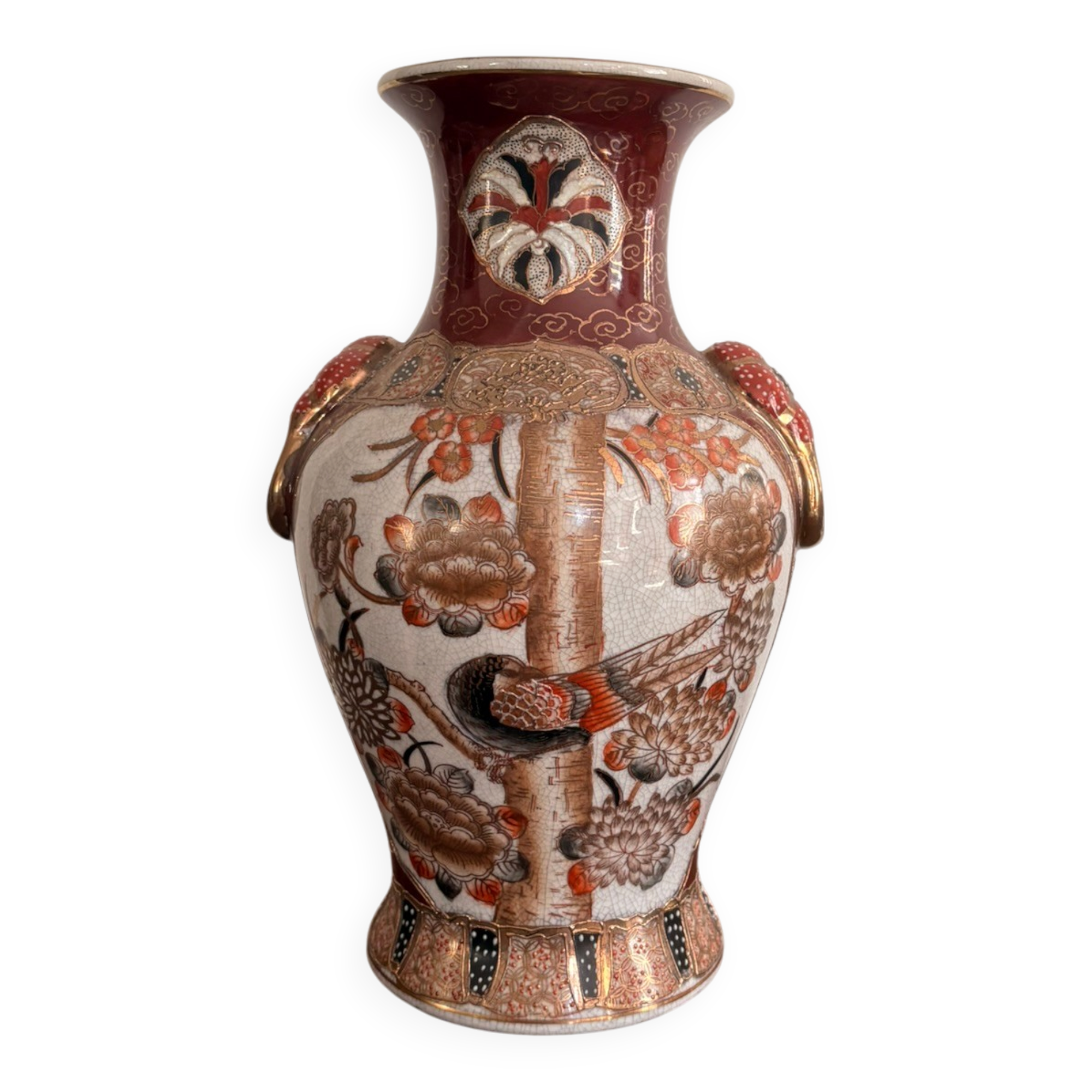 Satsuma Vase Japan Ceramic Bird Peony Meiji 30cm