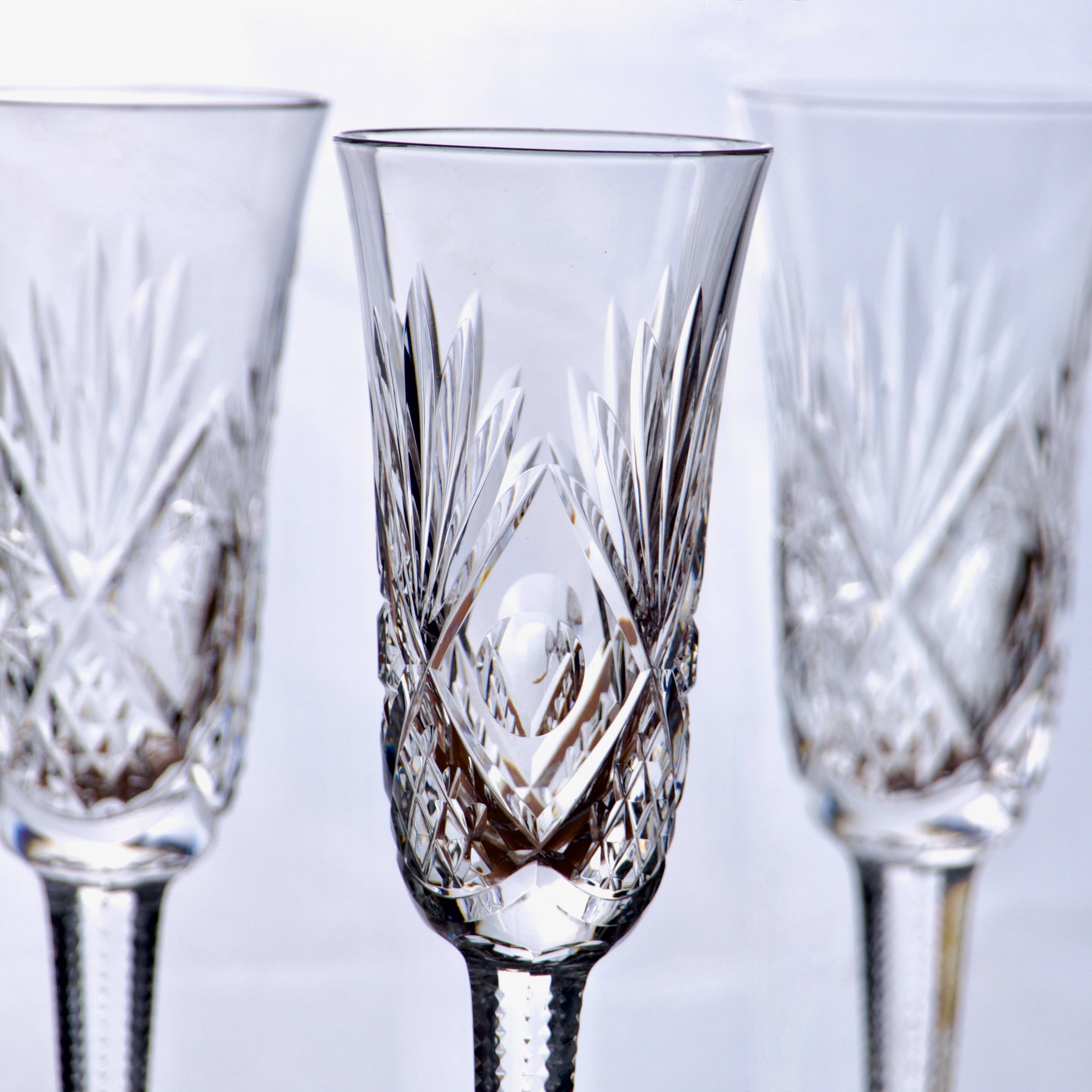 Large antique hand-cut crystal champagne flutes signed LS