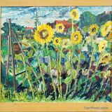 Oil painting by Alexander Michael depicting a lively sunflower field, 1975.