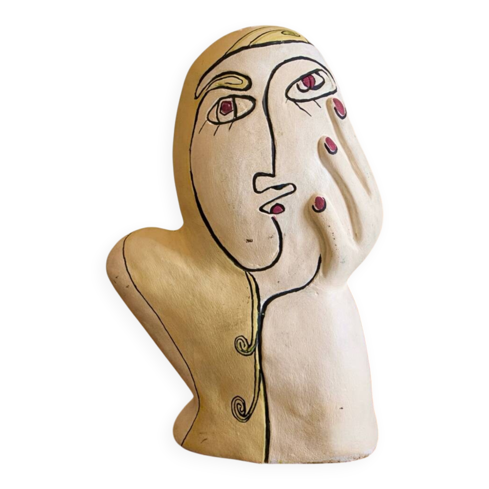Sculpture décorative en plâtre visage stylisé signée | Selency