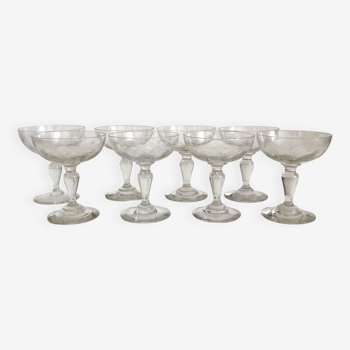 8 old champagne glasses in blown glass engraved with stars late 19th century