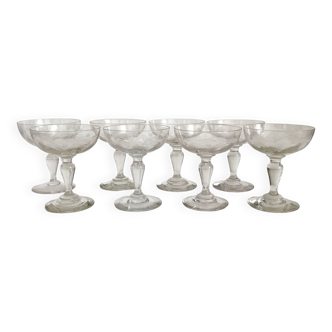 8 old champagne glasses in blown glass engraved with stars late 19th century