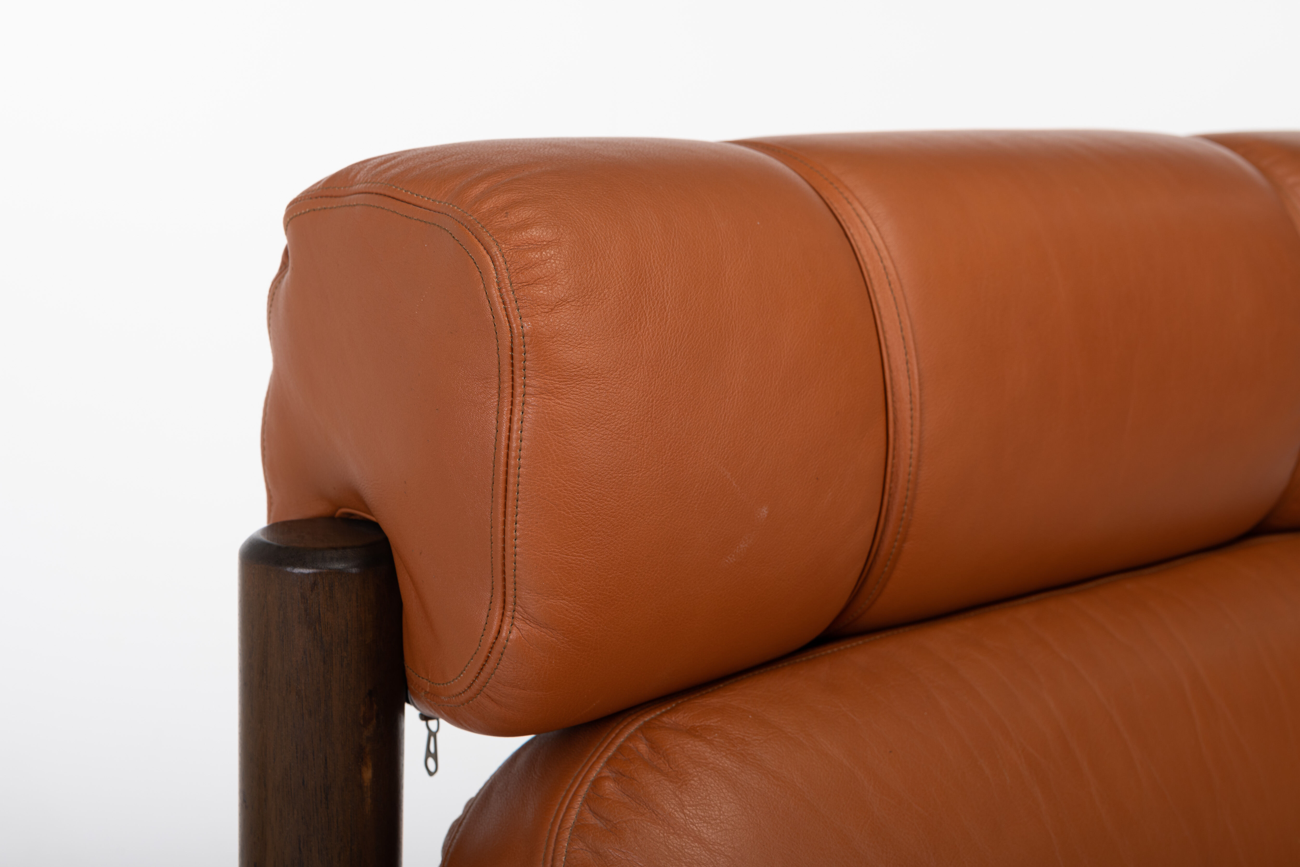 Brutalist Lounge Chair and Ottoman in Cognac Leather , 1970s