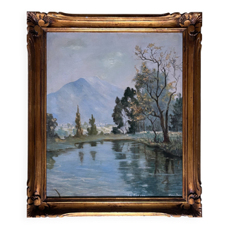 Tableau HST début XX° "La Sorgue" (Aveyron) signé Chevalier + cadre
