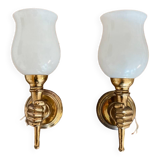 Set of 2 golden, bronze and brass torch wall lights