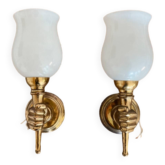 Set of 2 golden, bronze and brass torchlight sconces