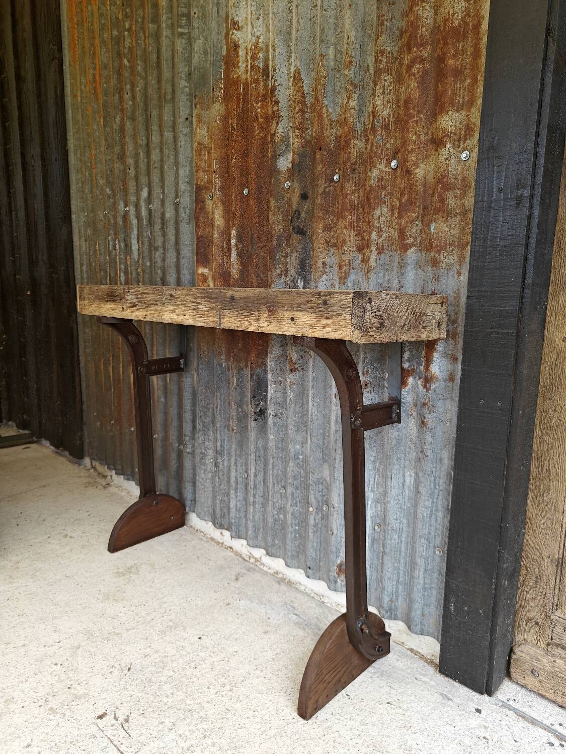 Wooden and cast iron workbench console