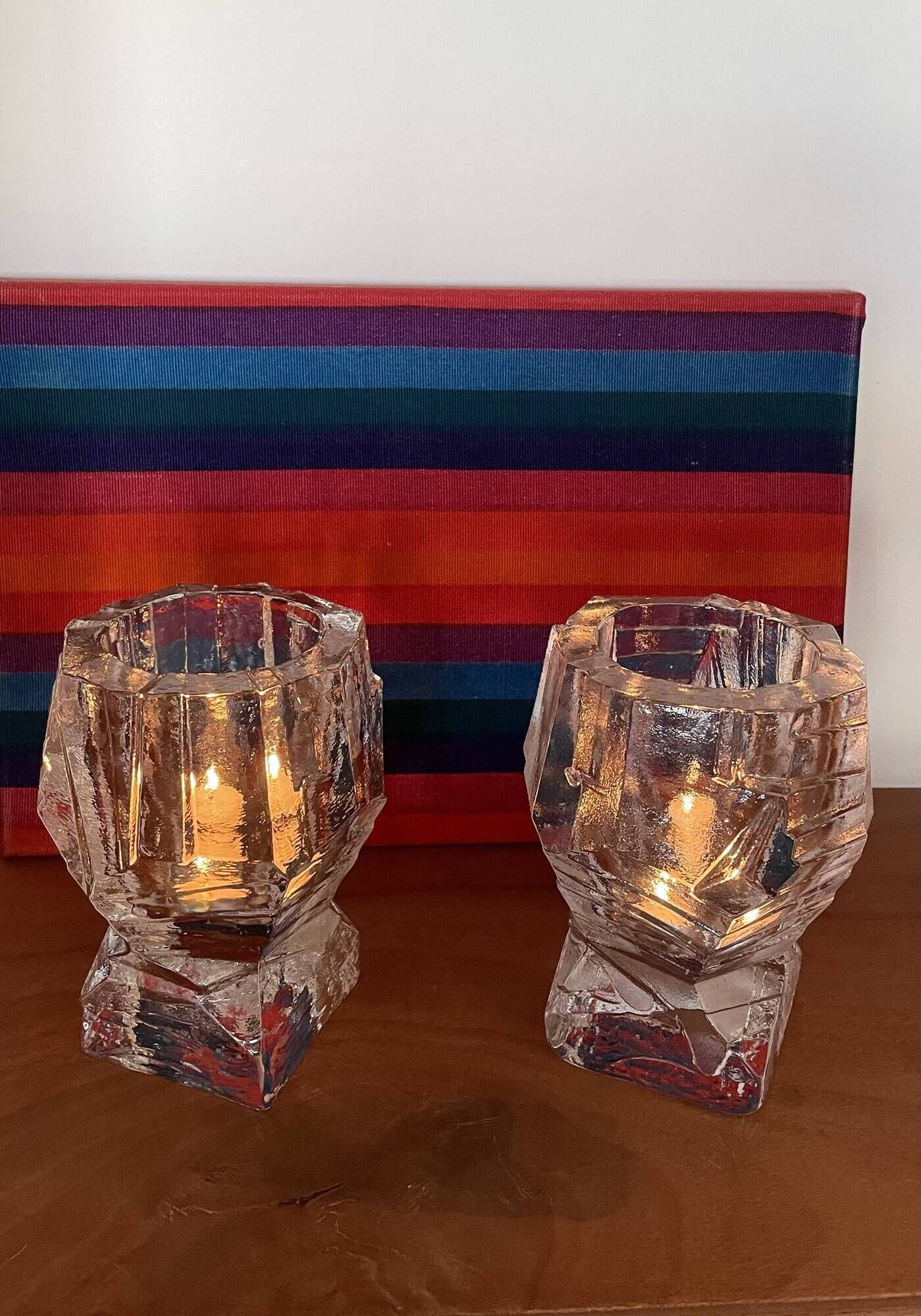 Set of 2 Swedish brutalist frosted glass candle holders.