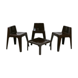 Set ode 3 chairs and 1 coffee table, fiberglass, chocolate color, France, cira 1970