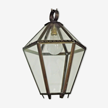 Unusual French Mid Century Hexagonal Copper and Glass Hanging Lantern Light 3370