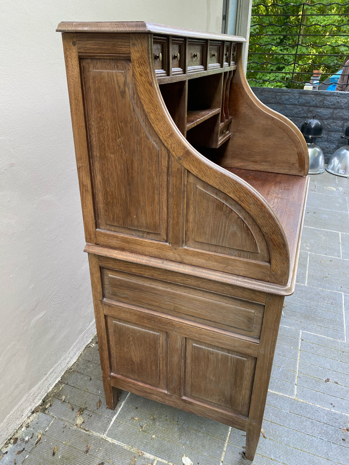 Antique solid wood secretary desk, handcrafted cabinetry.