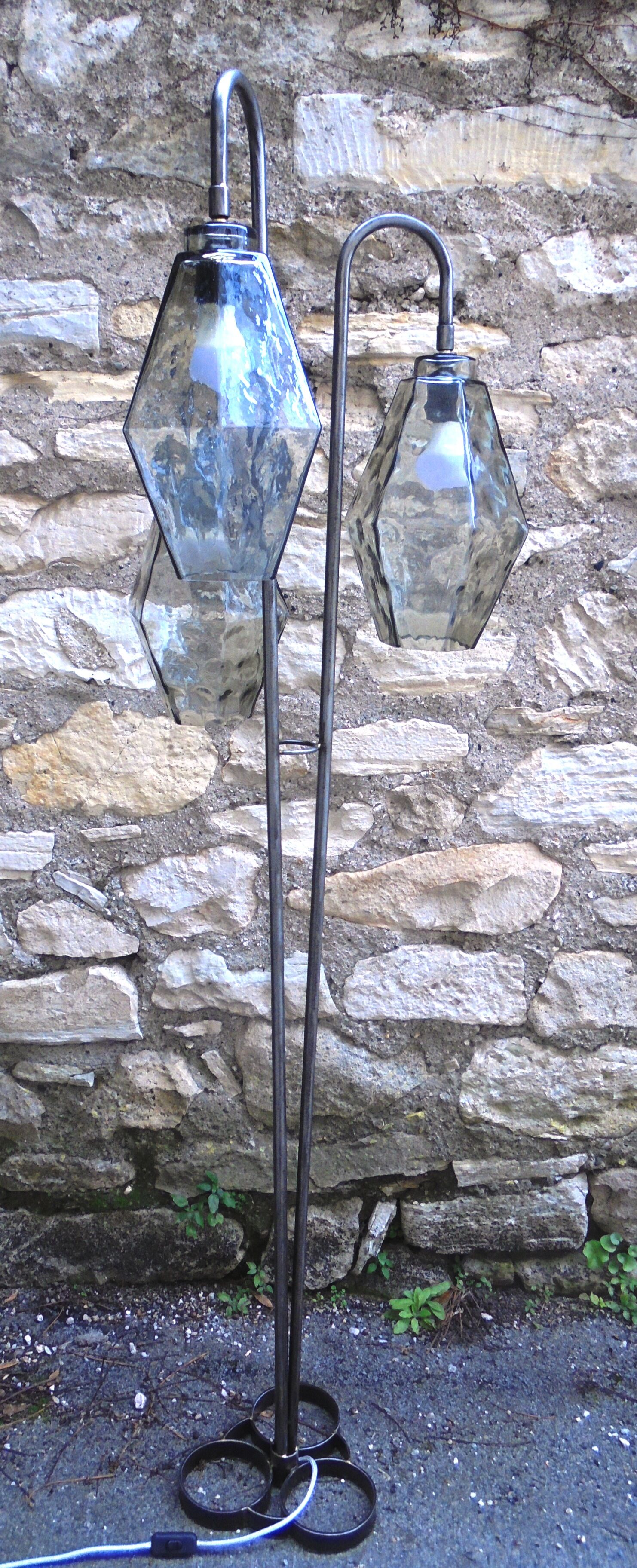 Large tripod steel lamppost and blown glass 1970