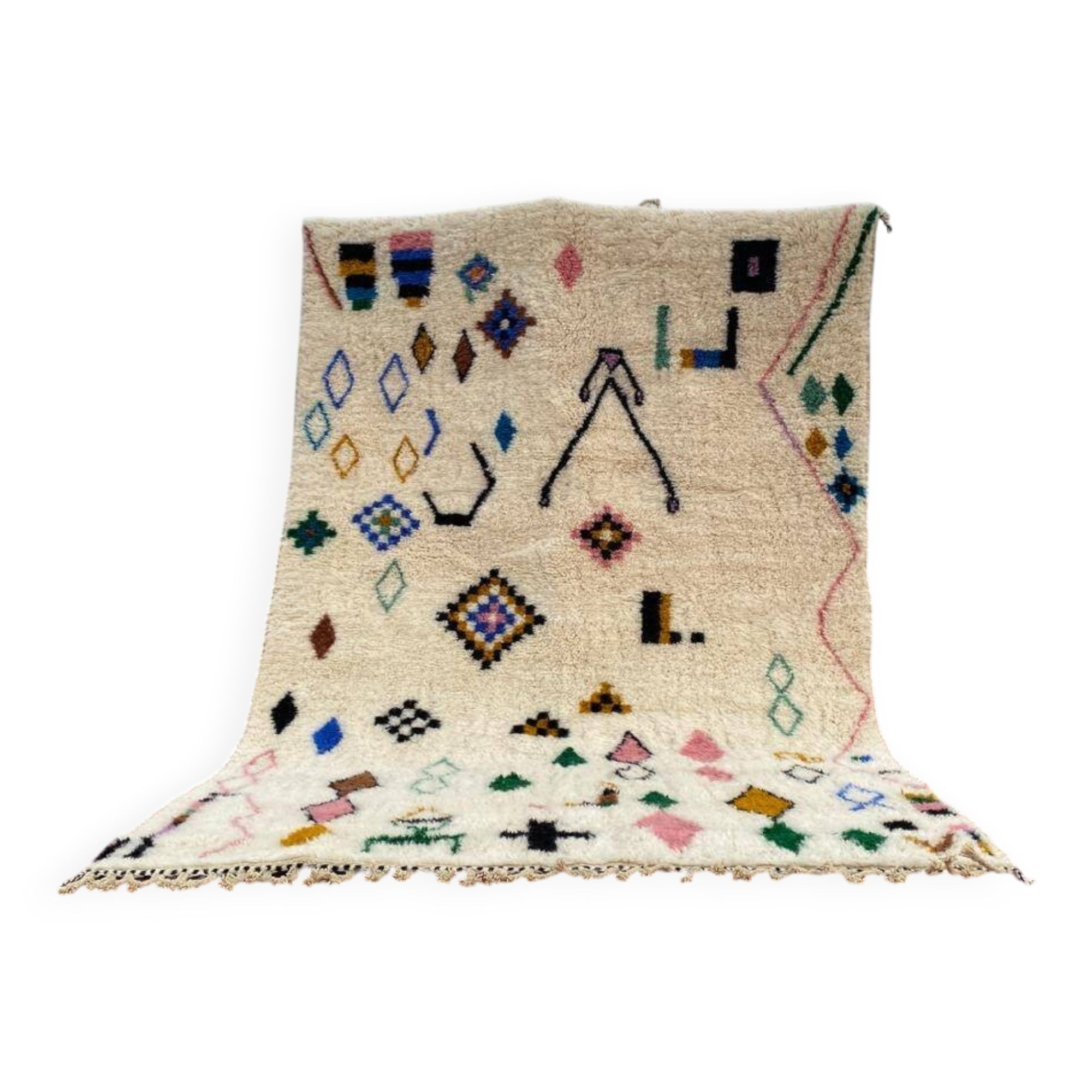 Tapis berbère Beni Ouarain 300x200 cm – Laine écrue motifs symboliques