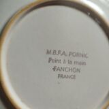 Soup plates, beige stoneware with gray/blue flower by MBFA Pornic model Fanchon, set of 6