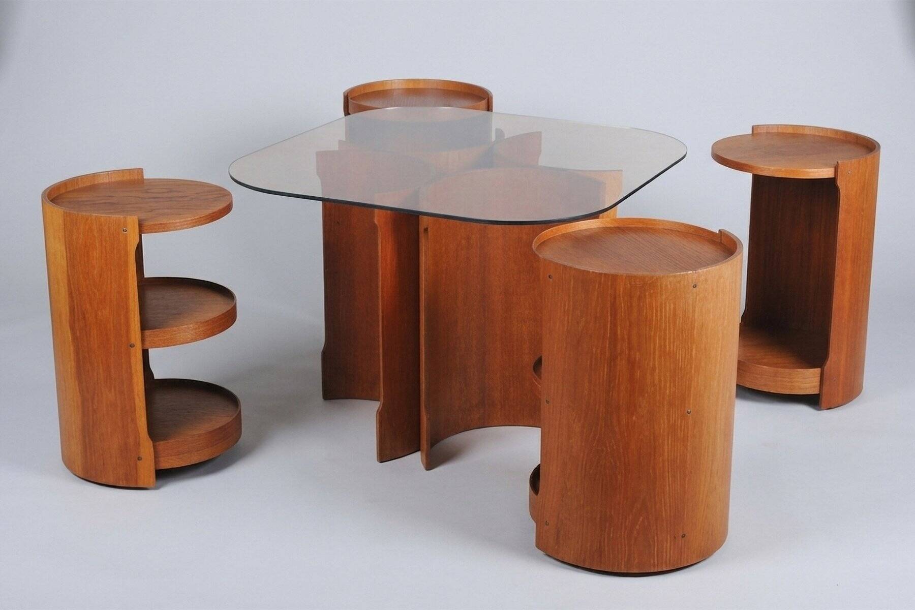 Mid-Century Modern Nesting Table in Oak and Smoked Glass, Czech, 1960s, Set of 5