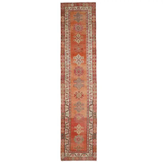 Vintage Turkish Oushak Handmade Wool Cotton Orange Runner Rug 80x372