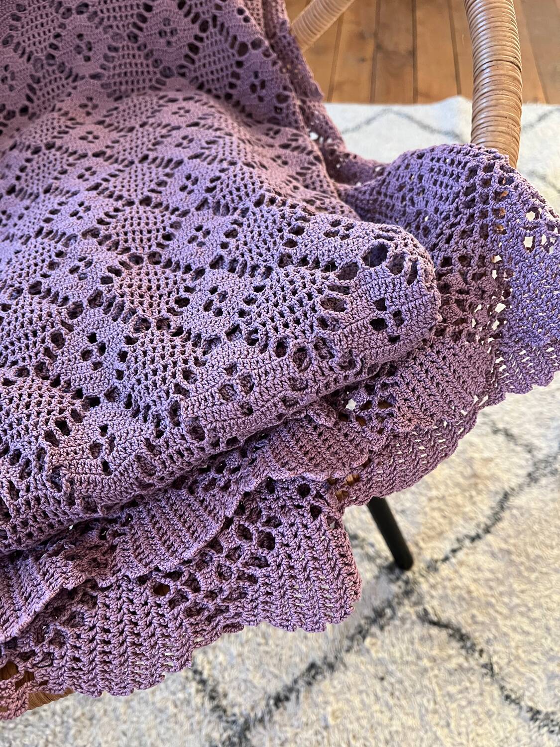 Vintage mauve lilac crocheted bedspread