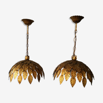 Pair of brass foliage hanging lamps