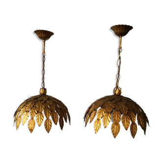 Pair of brass foliage hanging lamps