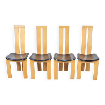 Chaises de salle à manger vintage en hêtre et cuir par Pietro Costantini pour Ello, années 1970, ensemble de 4