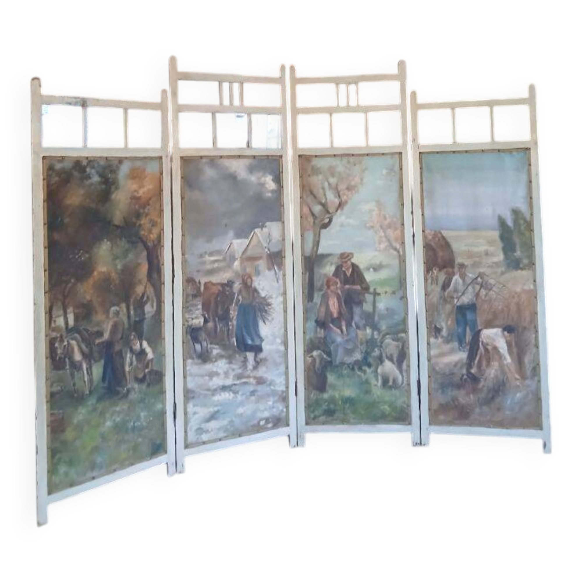 Screen XIX, four painted panels, rural decor. Art Deco style.