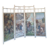 Screen XIX, four painted panels, rural decor. Art Deco style.